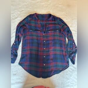 Plaid Button-Up Shirt with Gold Buttons